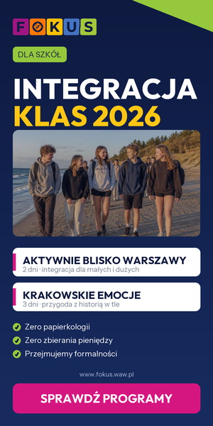 Baner FOKUS Integracja klas 2026 — Granat · Bałtyk, 300x600